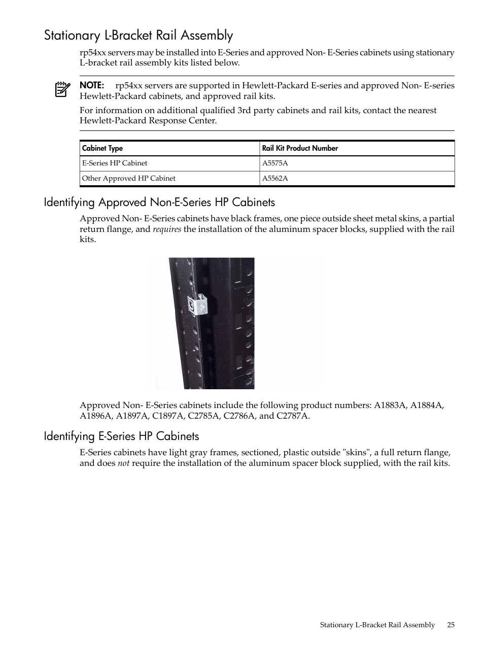 Stationary l-bracket rail assembly, Identifying approved non-e-series hp cabinets, Identifying e-series hp cabinets | HP 9000 rp5400 Servers User Manual | Page 25 / 163