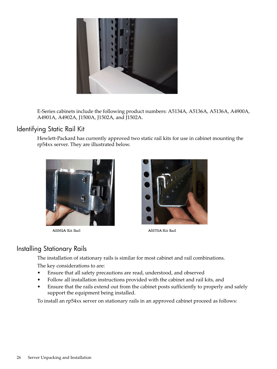 Identifying static rail kit, Installing stationary rails | HP 9000 rp5400 Servers User Manual | Page 26 / 163