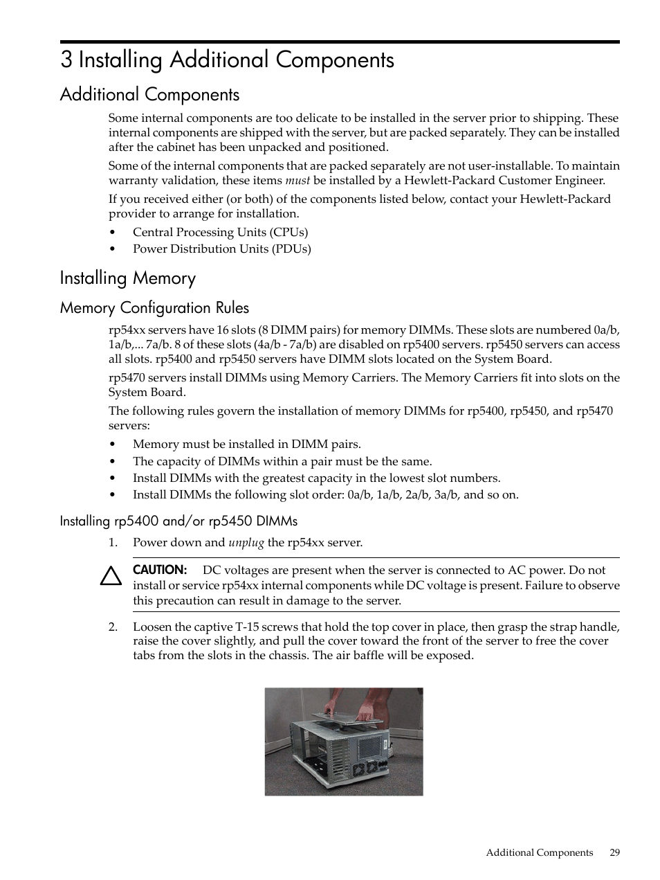 3 installing additional components, Additional components, Installing memory | Memory configuration rules, Installing rp5400 and/or rp5450 dimms, Additional components installing memory | HP 9000 rp5400 Servers User Manual | Page 29 / 163