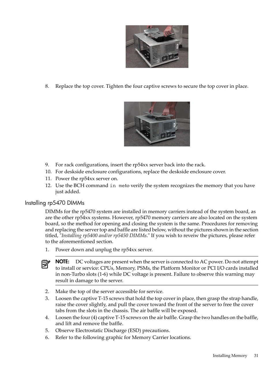 Installing rp5470 dimms | HP 9000 rp5400 Servers User Manual | Page 31 / 163