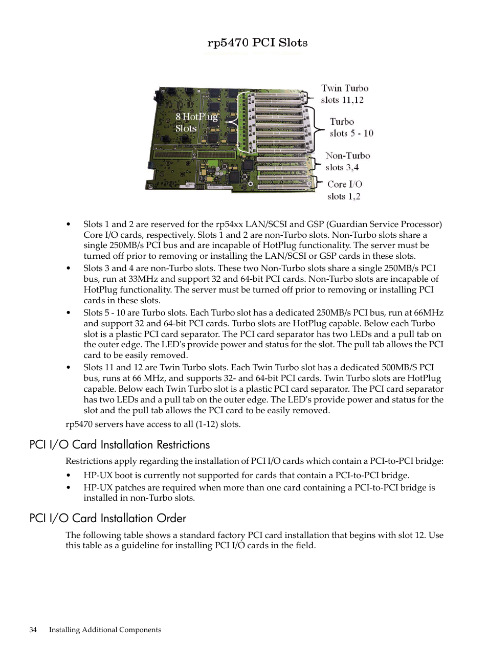 Pci i/o card installation restrictions, Pci i/o card installation order | HP 9000 rp5400 Servers User Manual | Page 34 / 163