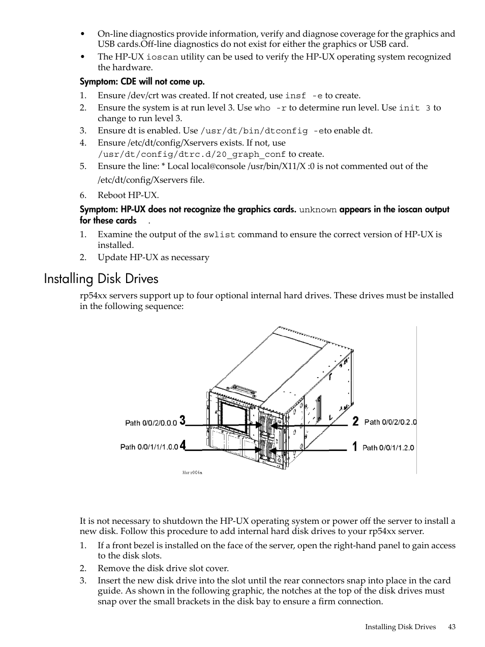 Installing disk drives | HP 9000 rp5400 Servers User Manual | Page 43 / 163