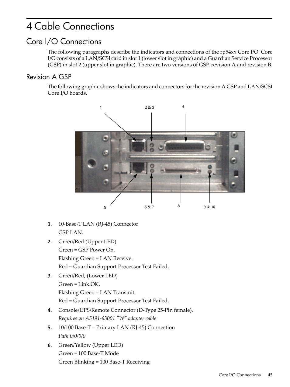 4 cable connections, Core i/o connections, Revision a gsp | HP 9000 rp5400 Servers User Manual | Page 45 / 163