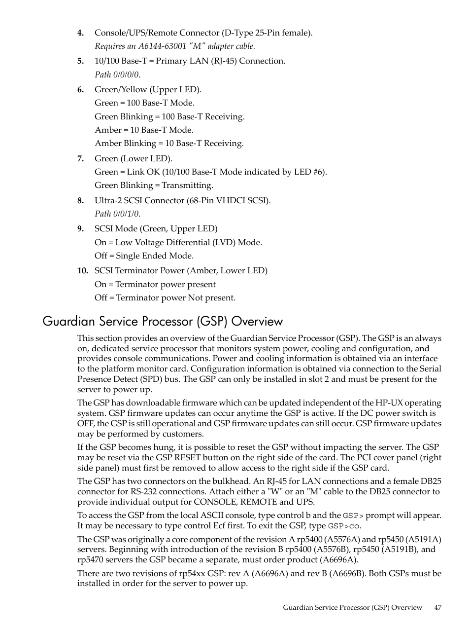 Guardian service processor (gsp) overview | HP 9000 rp5400 Servers User Manual | Page 47 / 163