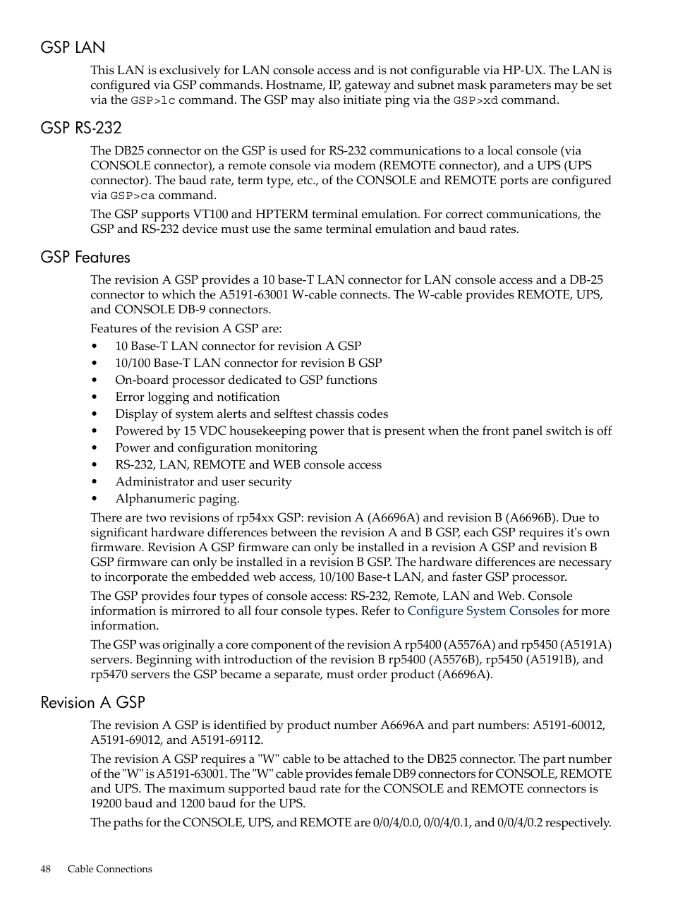 Gsp lan, Gsp rs-232, Gsp features | Revision a gsp, Gsp lan gsp rs-232 gsp features revision a gsp | HP 9000 rp5400 Servers User Manual | Page 48 / 163