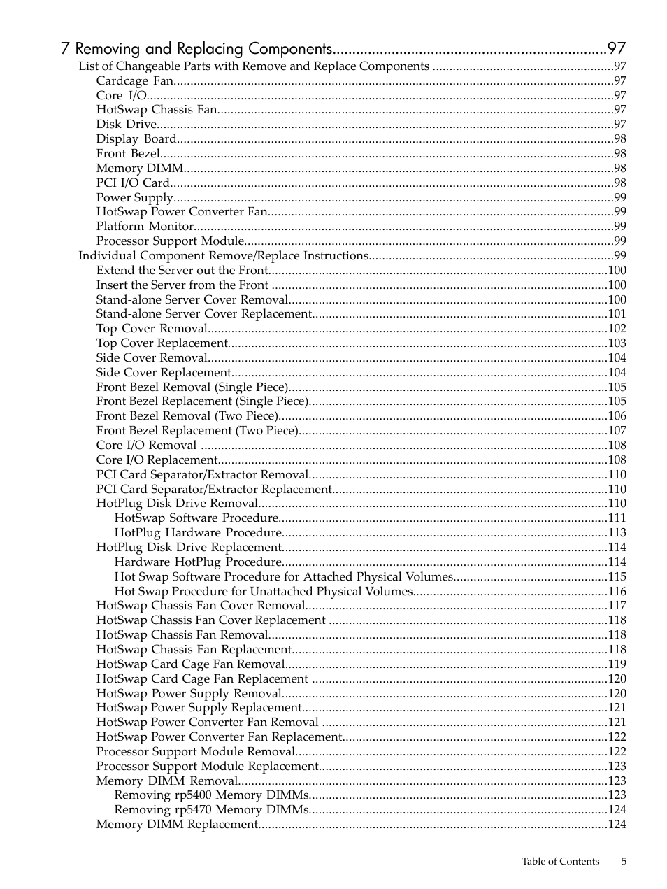 7 removing and replacing components | HP 9000 rp5400 Servers User Manual | Page 5 / 163