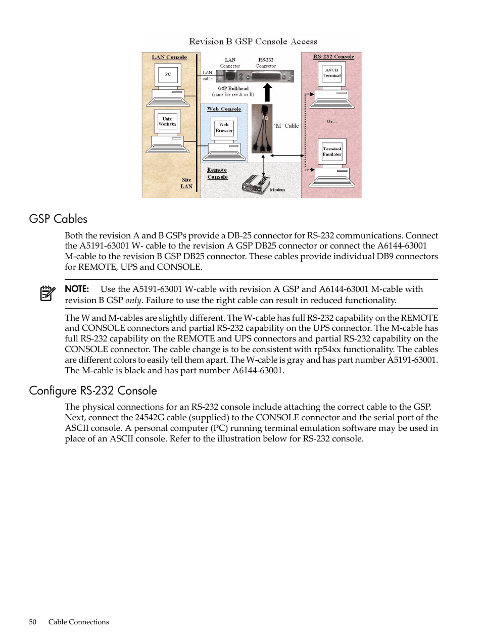 Gsp cables, Configure rs-232 console, Gsp cables configure rs-232 console | HP 9000 rp5400 Servers User Manual | Page 50 / 163