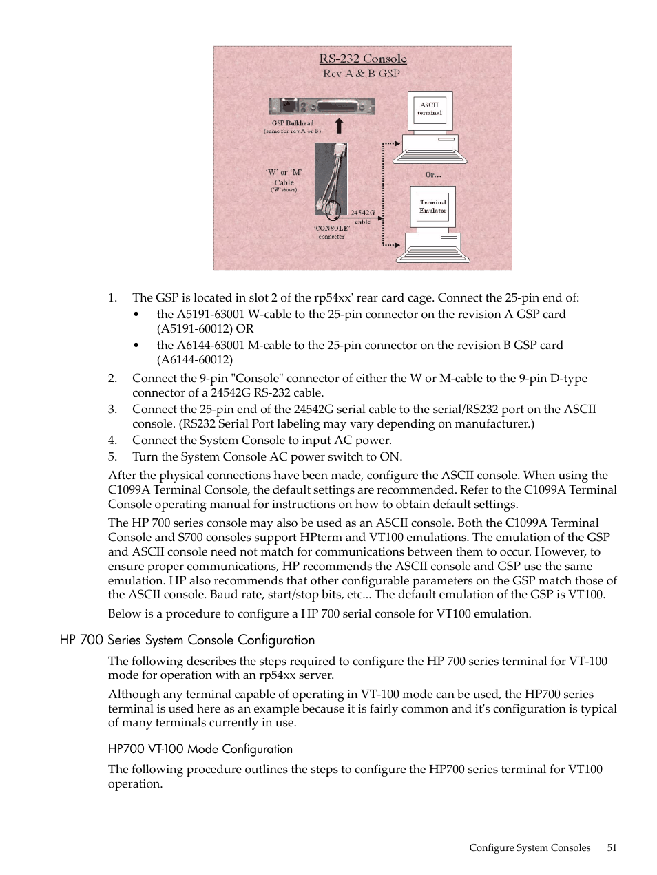 Hp 700 series system console configuration, Hp700 vt-100 mode configuration | HP 9000 rp5400 Servers User Manual | Page 51 / 163