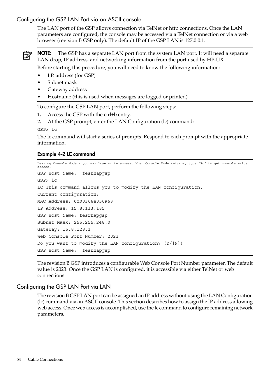 Configuring the gsp lan port via an ascii console, Configuring the gsp lan port via lan, Lc command | HP 9000 rp5400 Servers User Manual | Page 54 / 163