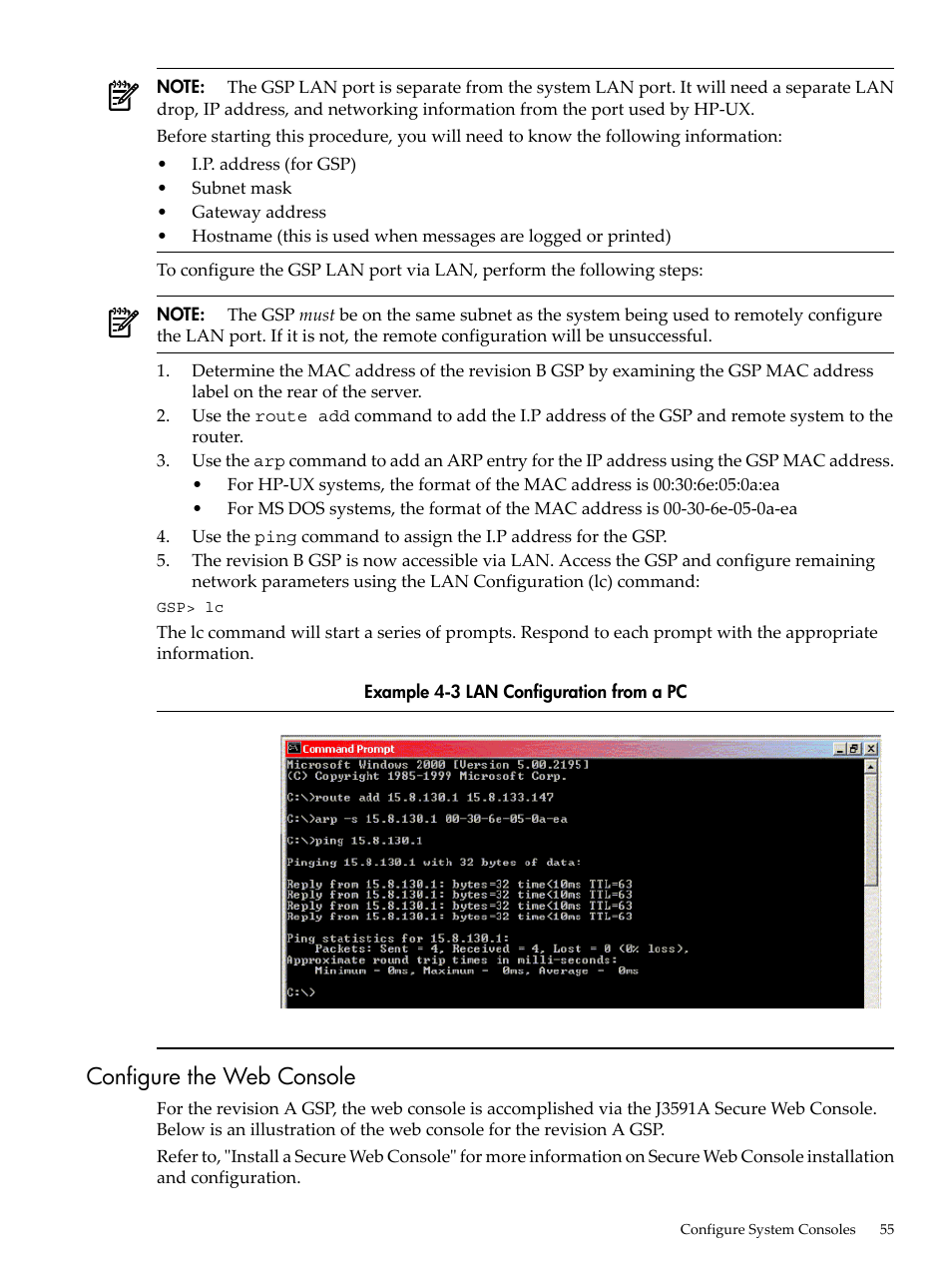 Configure the web console, Lan configuration from a pc | HP 9000 rp5400 Servers User Manual | Page 55 / 163