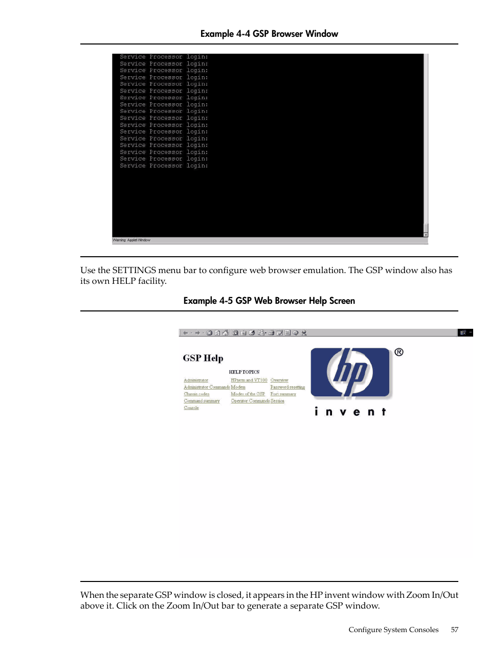 Gsp browser window, Gsp web browser help screen | HP 9000 rp5400 Servers User Manual | Page 57 / 163