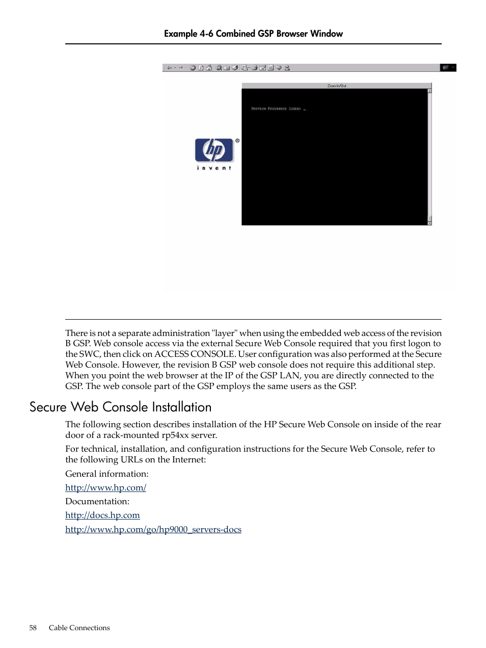 Secure web console installation, Combined gsp browser window | HP 9000 rp5400 Servers User Manual | Page 58 / 163