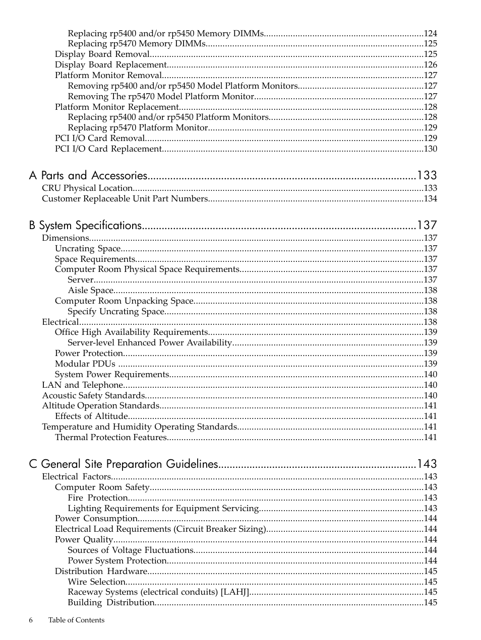 A parts and accessories, B system specifications, C general site preparation guidelines | HP 9000 rp5400 Servers User Manual | Page 6 / 163