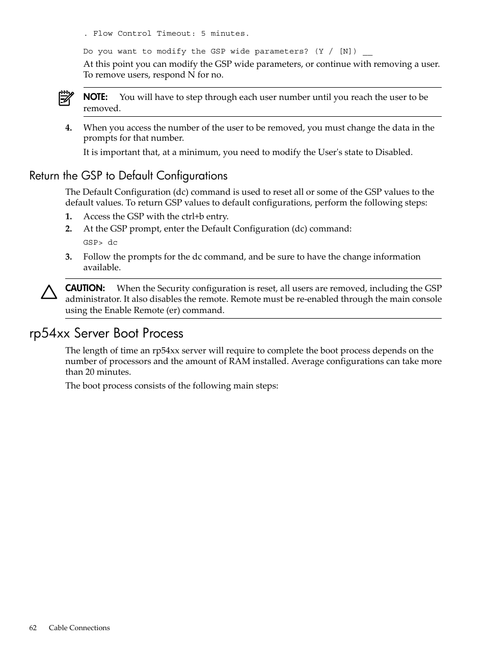 Return the gsp to default configurations, Rp54xx server boot process | HP 9000 rp5400 Servers User Manual | Page 62 / 163