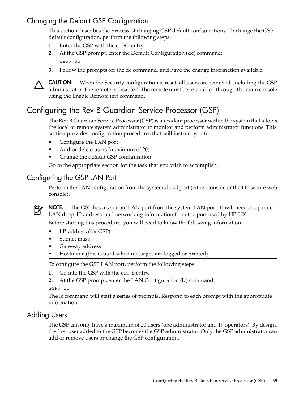 Changing the default gsp configuration, Configuring the gsp lan port, Adding users | Configuring the gsp lan port adding users | HP 9000 rp5400 Servers User Manual | Page 69 / 163