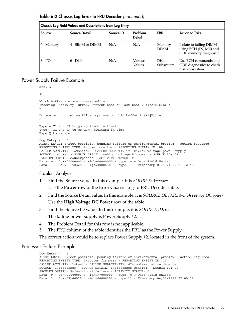 Power supply failure example, Processor failure example | HP 9000 rp5400 Servers User Manual | Page 77 / 163