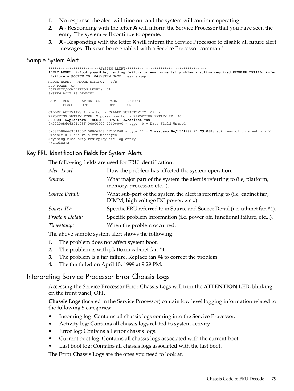 Sample system alert, Key fru identification fields for system alerts, Interpreting service processor error chassis logs | HP 9000 rp5400 Servers User Manual | Page 79 / 163