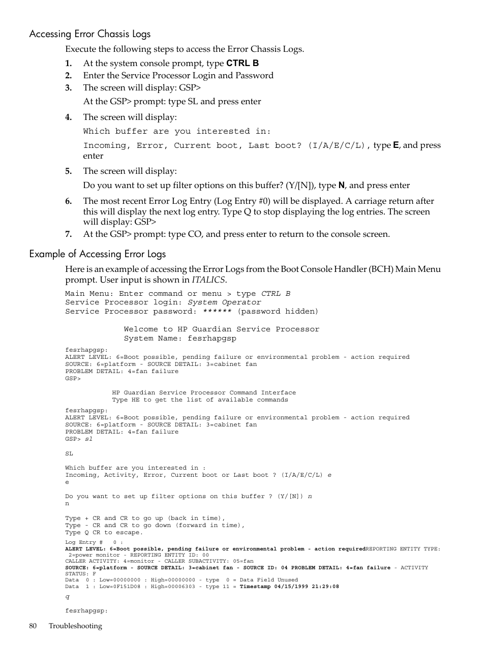 Accessing error chassis logs, Example of accessing error logs | HP 9000 rp5400 Servers User Manual | Page 80 / 163