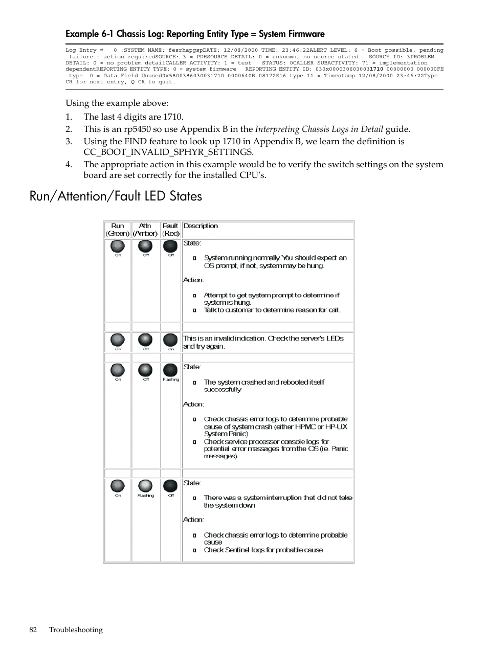 Run/attention/fault led states | HP 9000 rp5400 Servers User Manual | Page 82 / 163