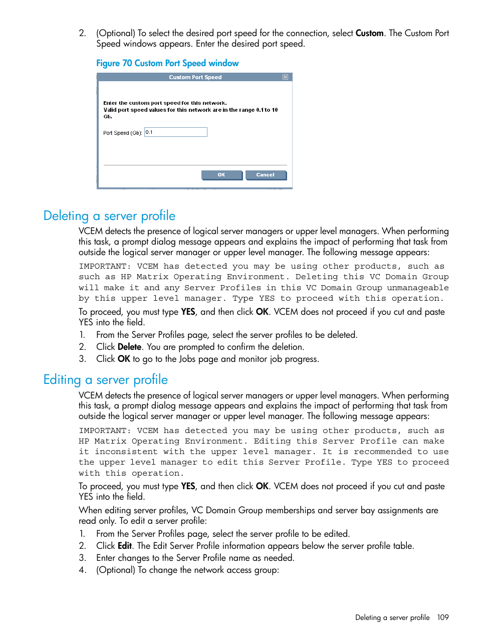 Deleting a server profile, Editing a server profile, Deleting a server profile editing a server profile | HP Insight Management-Software User Manual | Page 109 / 194