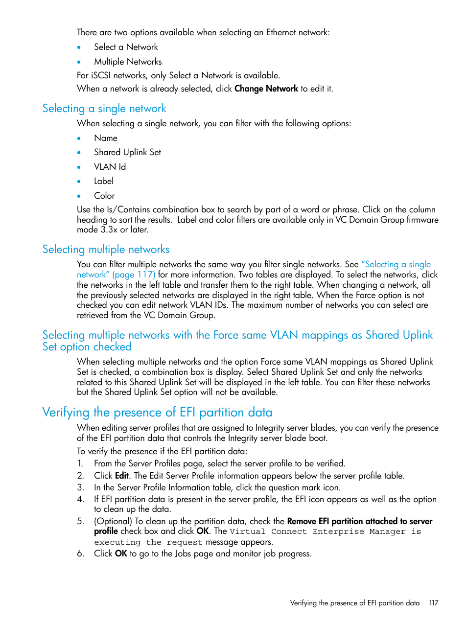 Selecting a single network, Selecting multiple networks, Verifying the presence of efi partition data | HP Insight Management-Software User Manual | Page 117 / 194