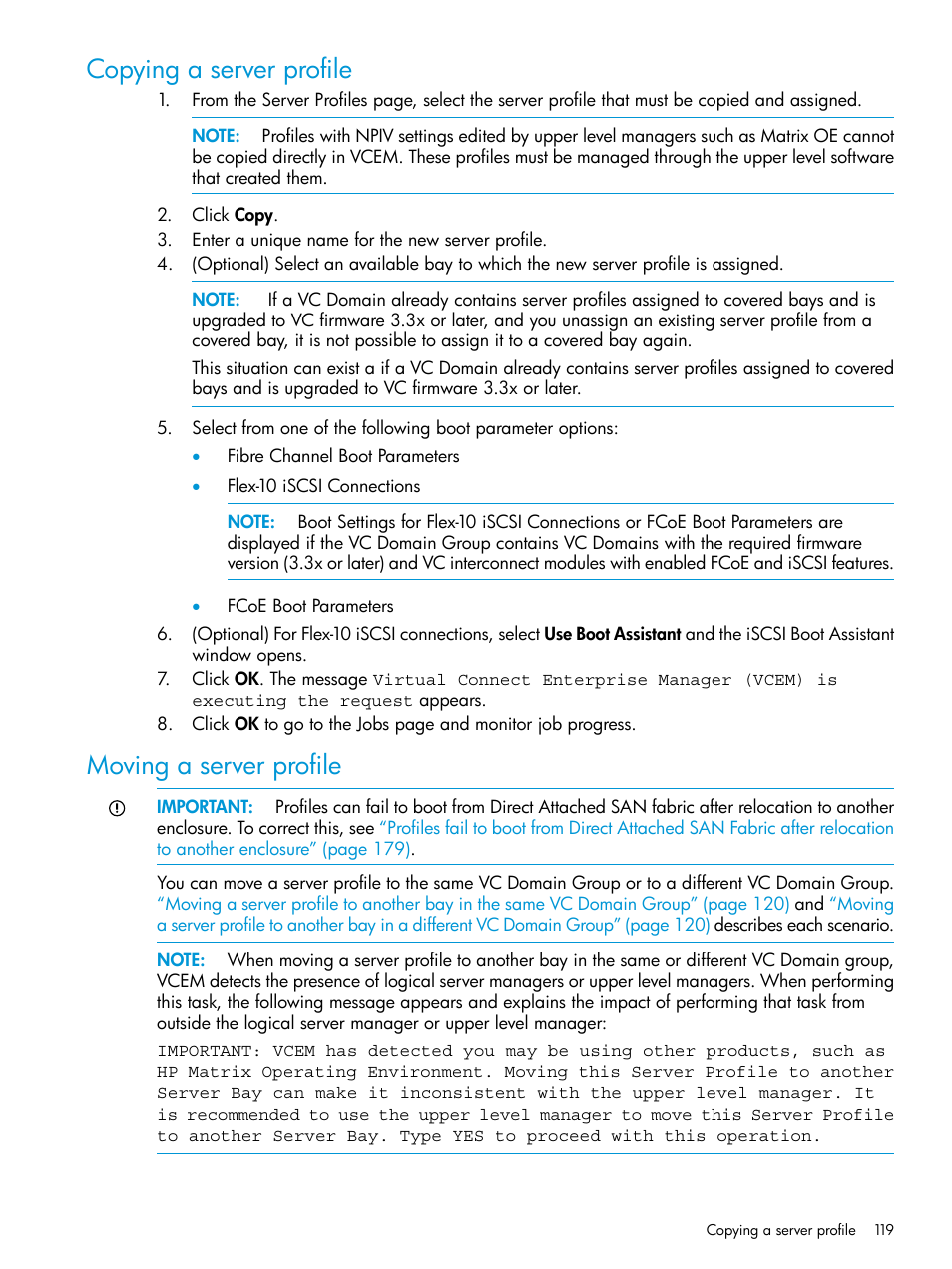 Copying a server profile, Moving a server profile, Copying a server profile moving a server profile | Moving a server | HP Insight Management-Software User Manual | Page 119 / 194