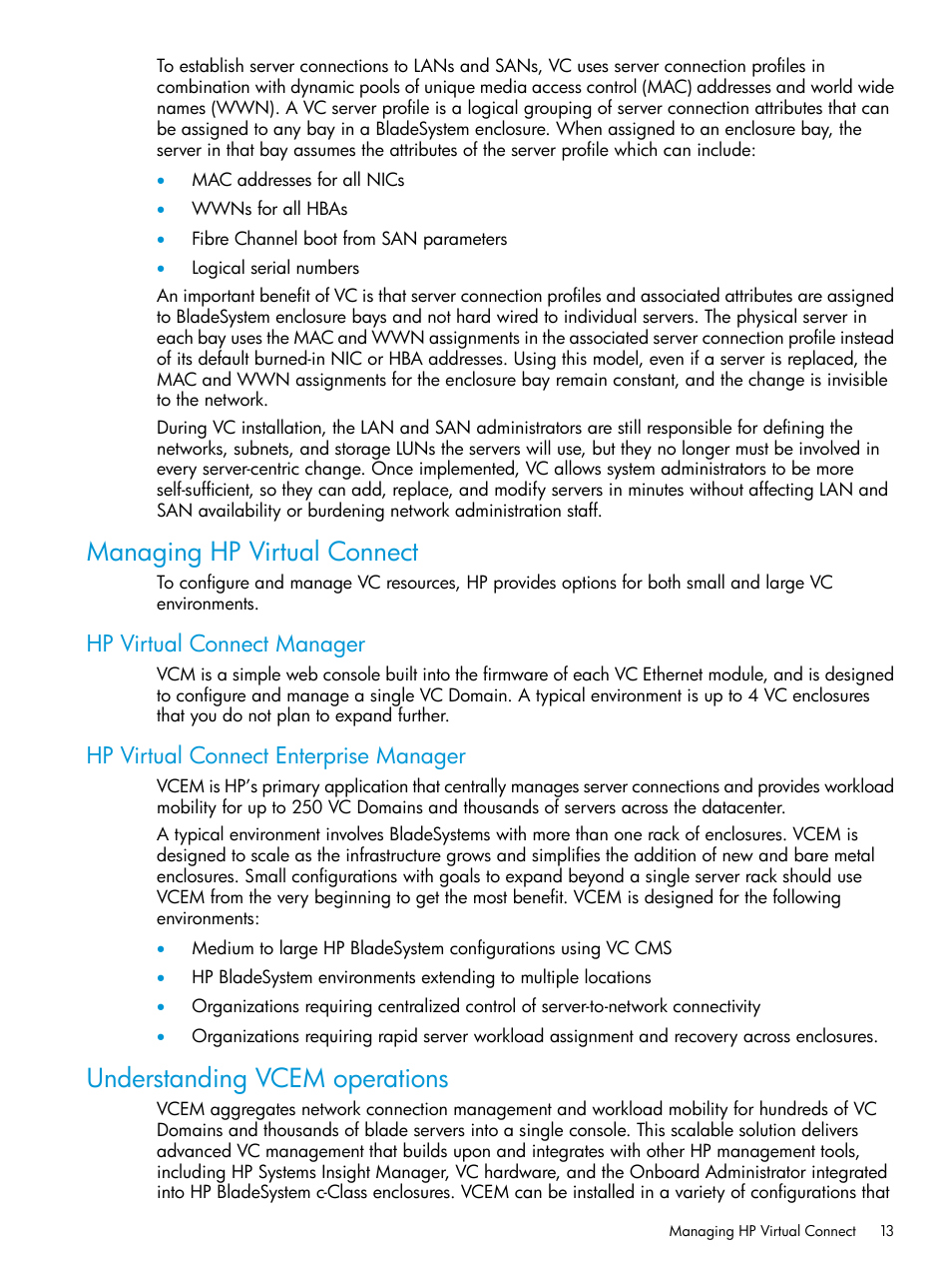 Managing hp virtual connect, Hp virtual connect manager, Hp virtual connect enterprise manager | Understanding vcem operations | HP Insight Management-Software User Manual | Page 13 / 194