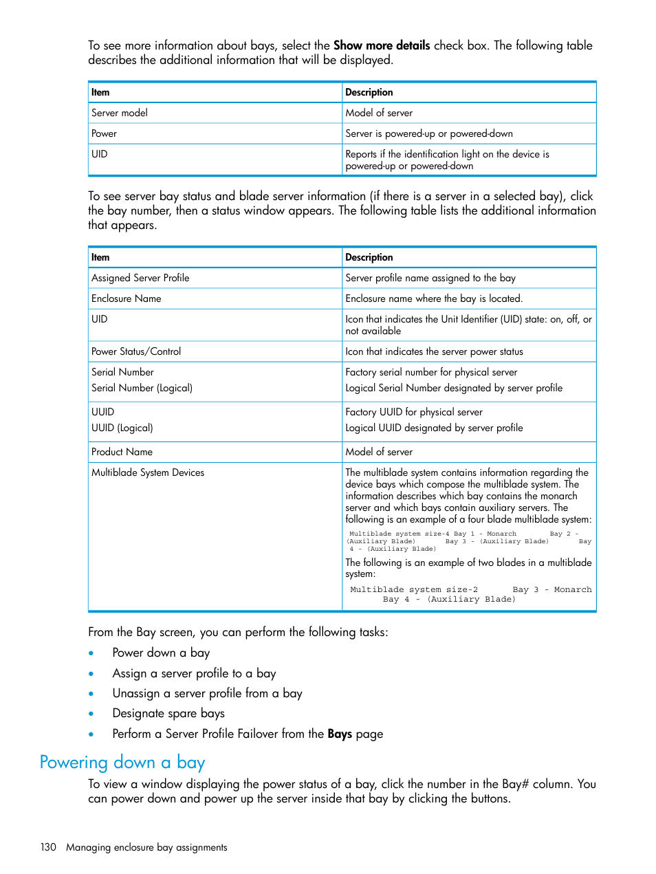 Powering down a bay | HP Insight Management-Software User Manual | Page 130 / 194