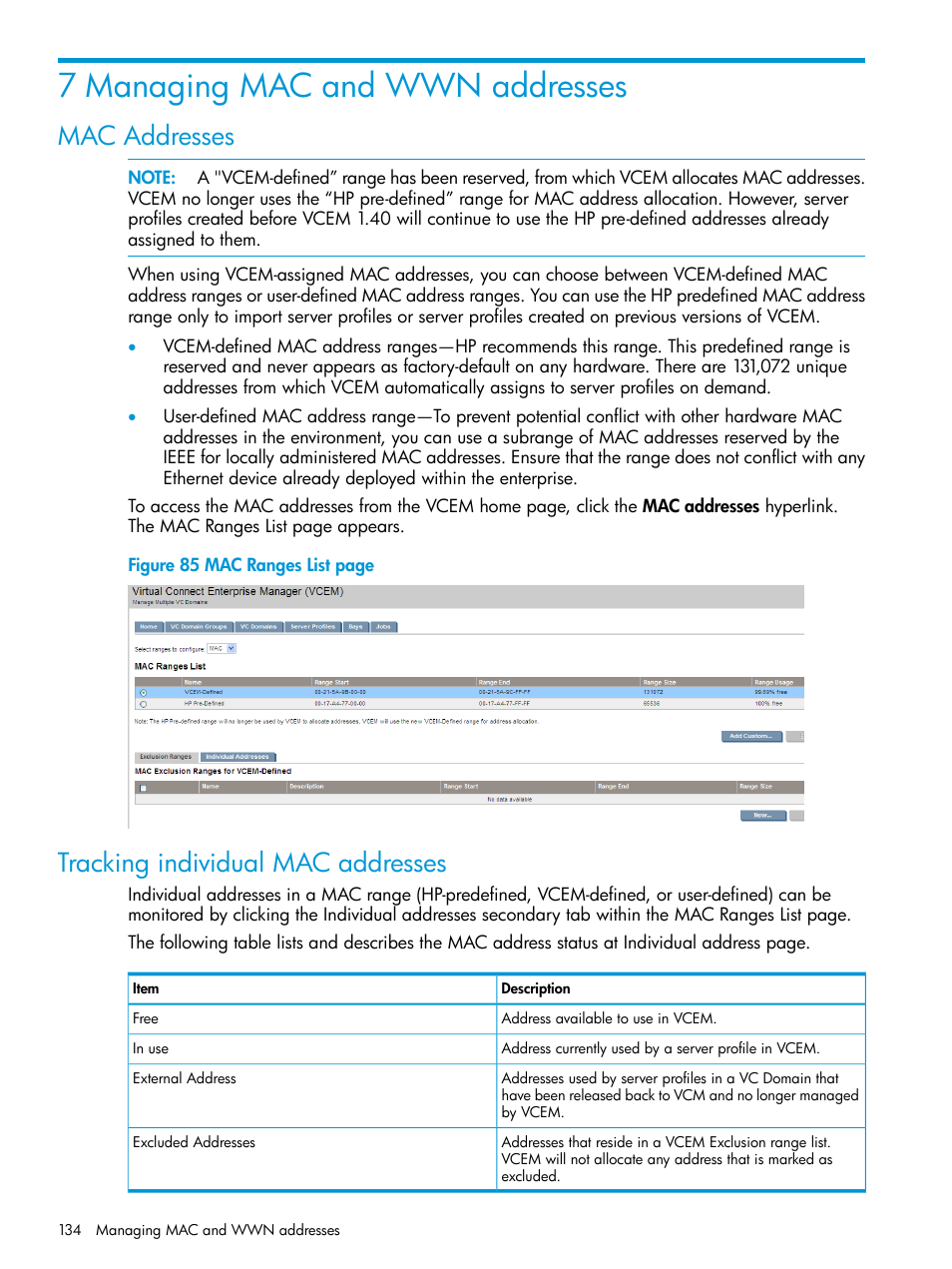 7 managing mac and wwn addresses, Mac addresses, Tracking individual mac addresses | Mac addresses tracking individual mac addresses | HP Insight Management-Software User Manual | Page 134 / 194