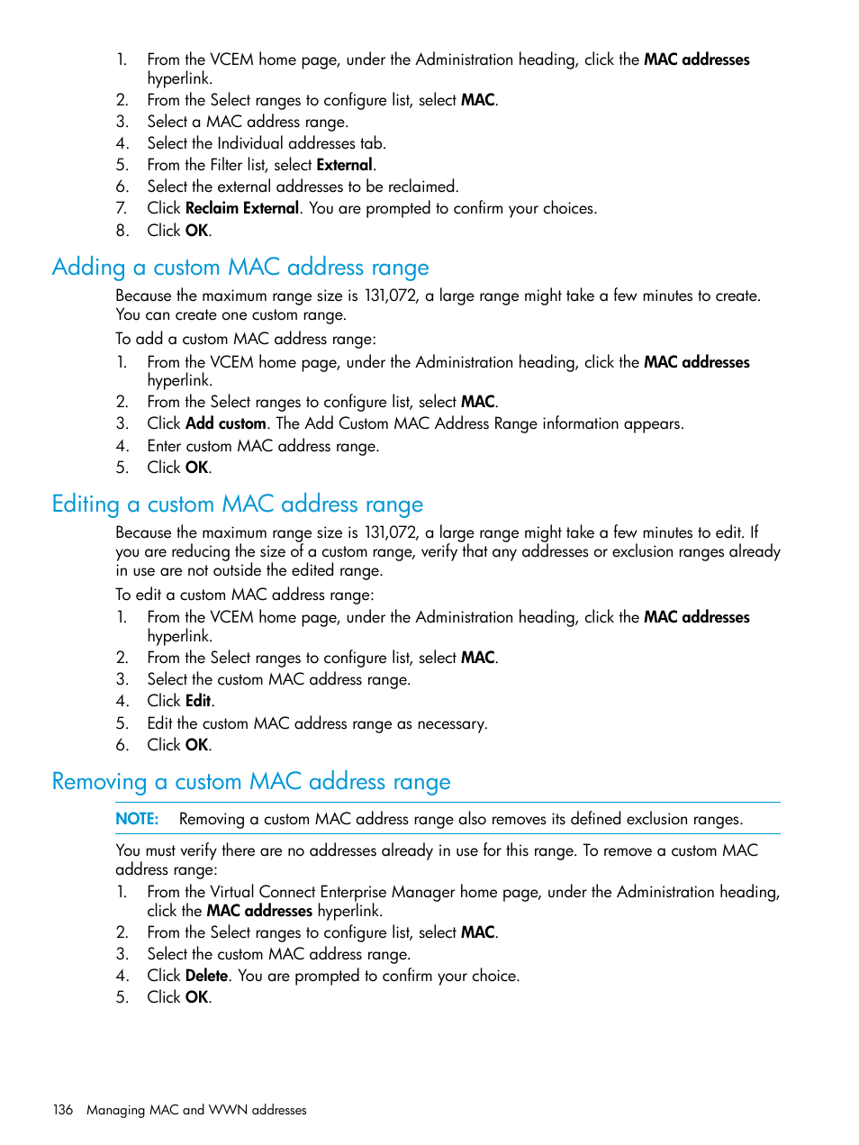 Adding a custom mac address range, Editing a custom mac address range, Removing a custom mac address range | HP Insight Management-Software User Manual | Page 136 / 194