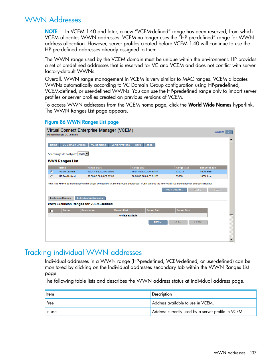 Wwn addresses, Tracking individual wwn addresses, Wwn addresses tracking individual wwn addresses | HP Insight Management-Software User Manual | Page 137 / 194