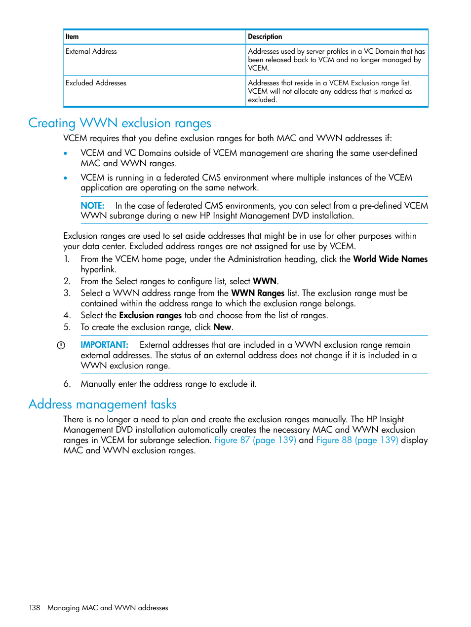 Creating wwn exclusion ranges, Address management tasks, Creating wwn | HP Insight Management-Software User Manual | Page 138 / 194