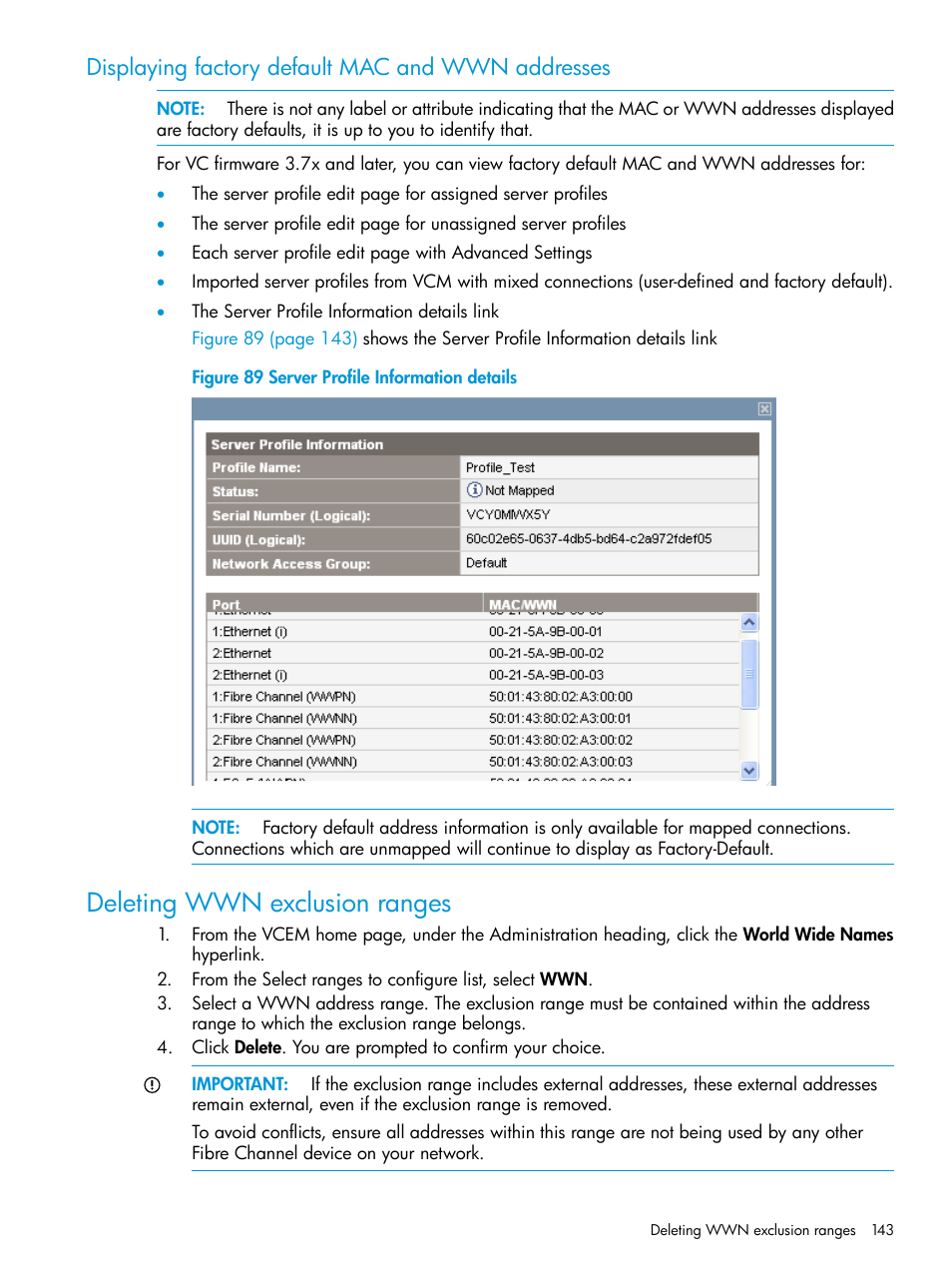 Displaying factory default mac and wwn addresses, Deleting wwn exclusion ranges | HP Insight Management-Software User Manual | Page 143 / 194