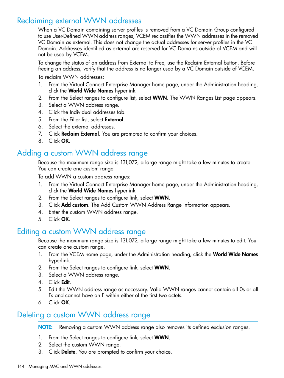 Reclaiming external wwn addresses, Adding a custom wwn address range, Editing a custom wwn address range | Deleting a custom wwn address range | HP Insight Management-Software User Manual | Page 144 / 194