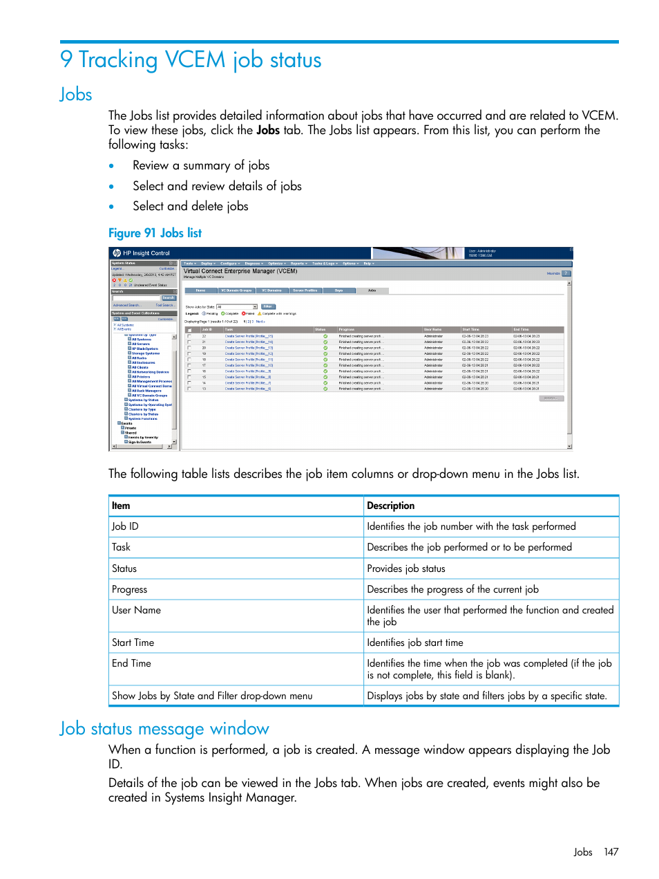 9 tracking vcem job status, Jobs, Job status message window | Jobs job status message window | HP Insight Management-Software User Manual | Page 147 / 194