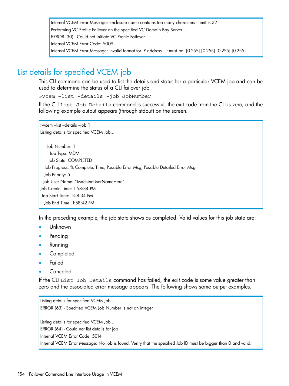 List details for specified vcem job | HP Insight Management-Software User Manual | Page 154 / 194