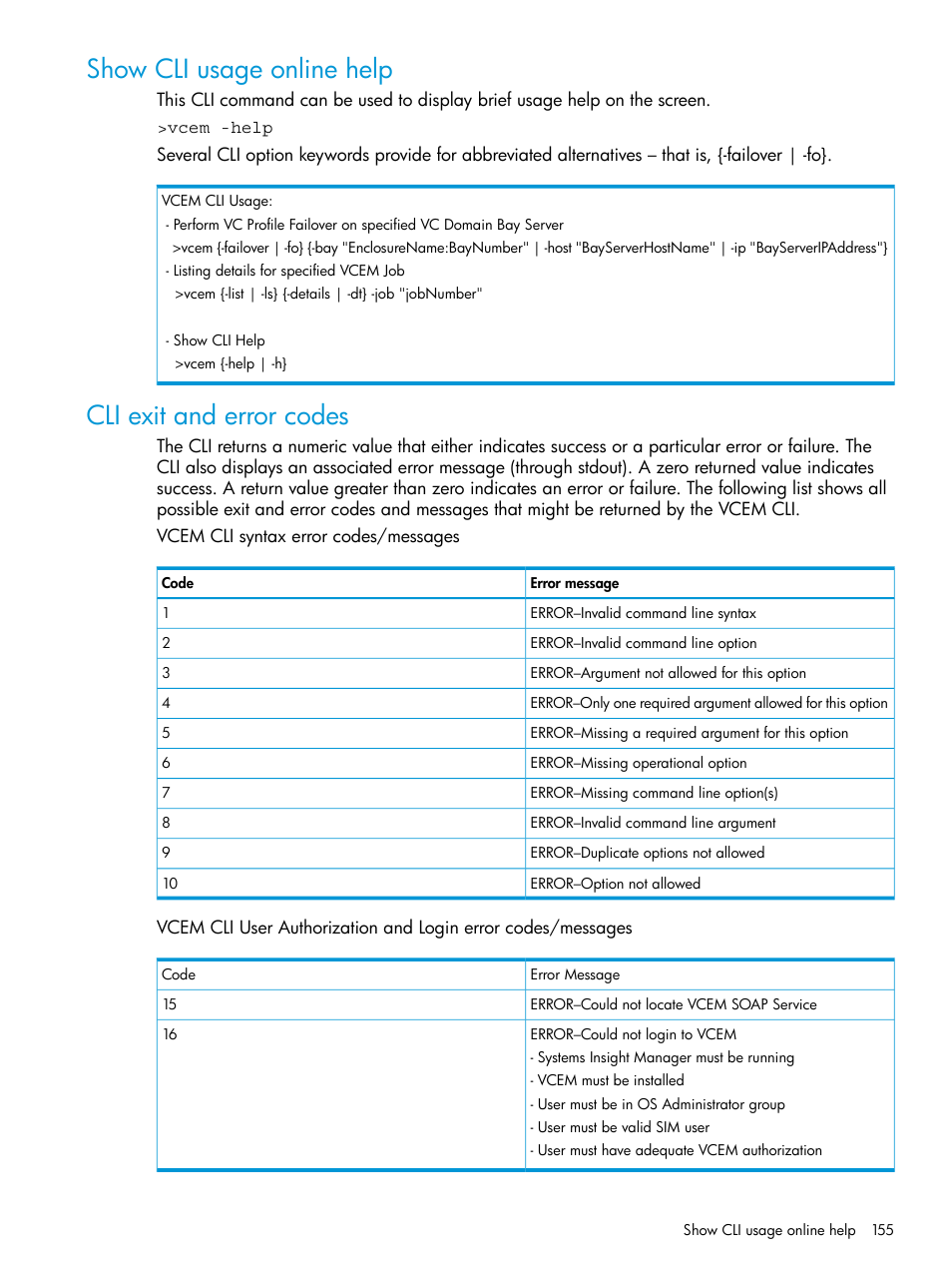 Show cli usage online help, Cli exit and error codes | HP Insight Management-Software User Manual | Page 155 / 194