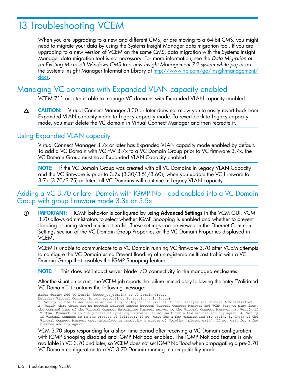 13 troubleshooting vcem, Using expanded vlan capacity | HP Insight Management-Software User Manual | Page 156 / 194