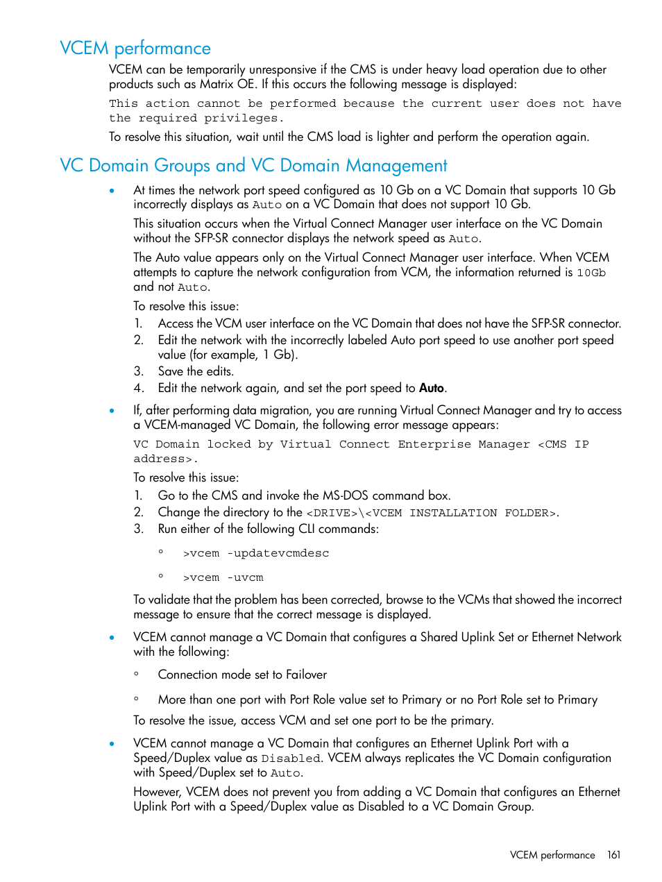 Vcem performance, Vc domain groups and vc domain management | HP Insight Management-Software User Manual | Page 161 / 194