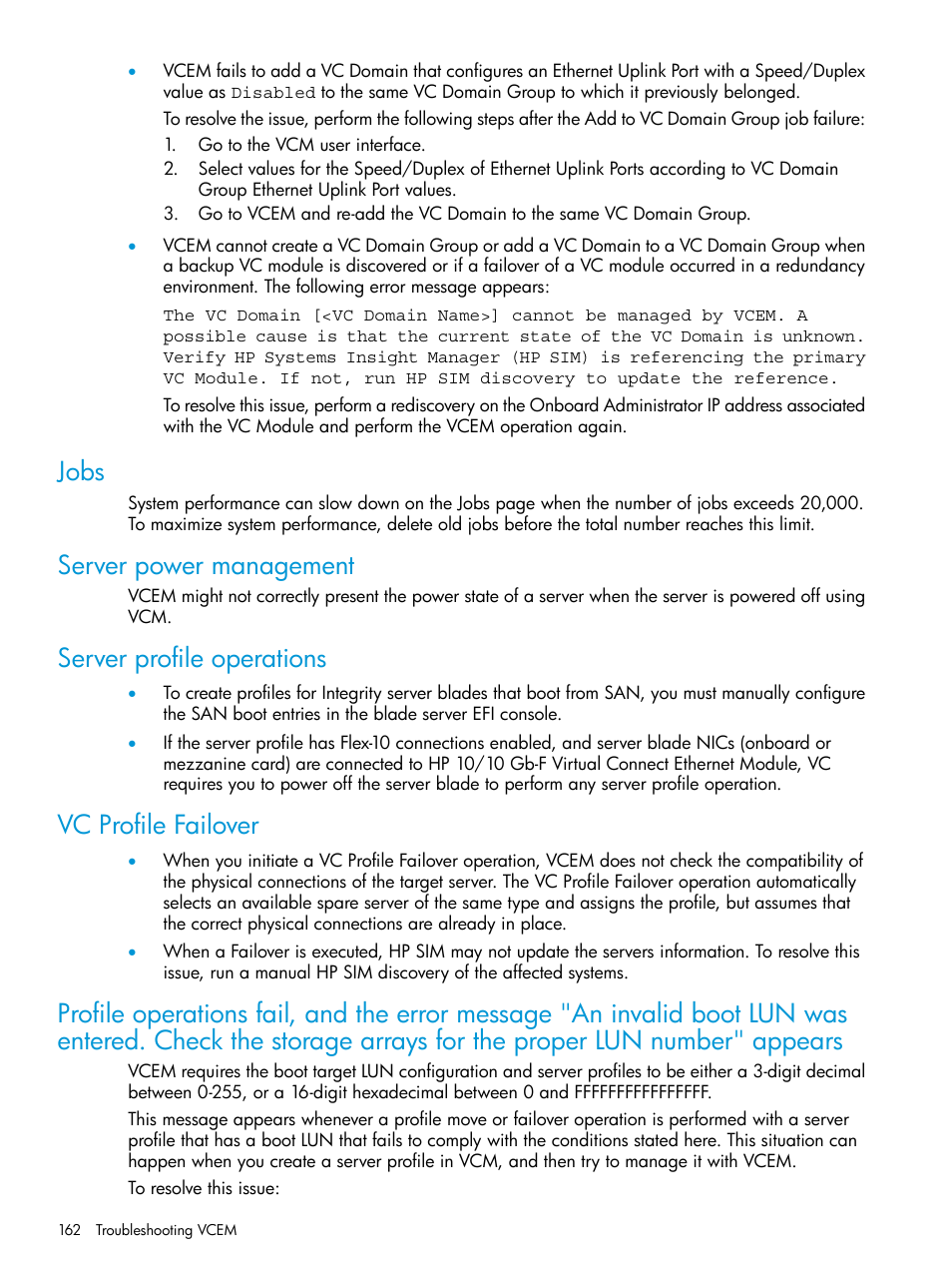 Jobs, Server power management, Server profile operations | Vc profile failover | HP Insight Management-Software User Manual | Page 162 / 194