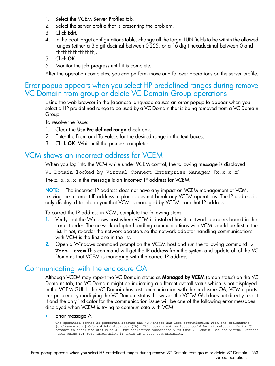 Vcm shows an incorrect address for vcem, Communicating with the enclosure oa | HP Insight Management-Software User Manual | Page 163 / 194