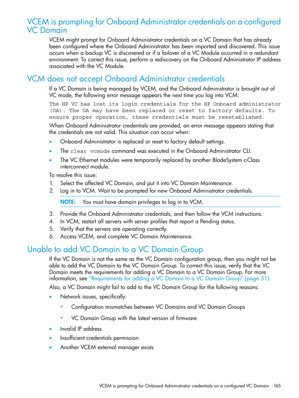 Unable to add vc domain to a vc domain group | HP Insight Management-Software User Manual | Page 165 / 194