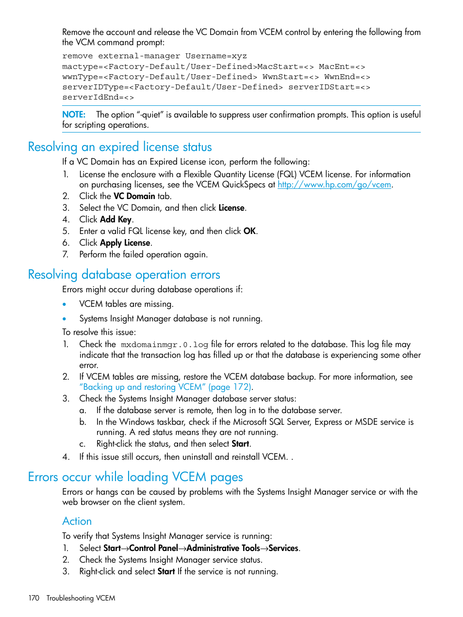 Resolving an expired license status, Resolving database operation errors, Errors occur while loading vcem pages | Action | HP Insight Management-Software User Manual | Page 170 / 194