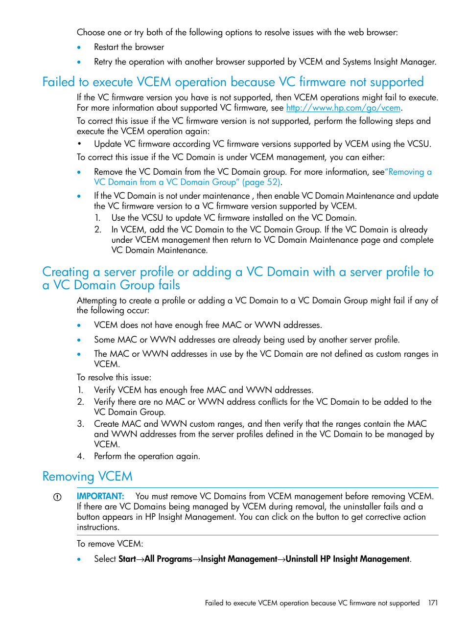 Removing vcem | HP Insight Management-Software User Manual | Page 171 / 194