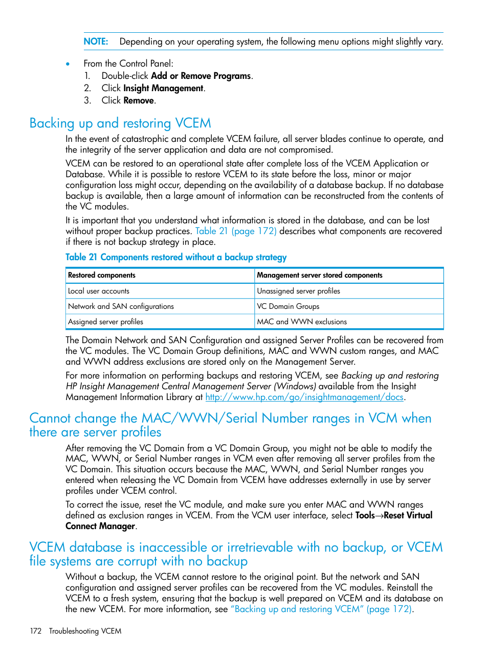 Backing up and restoring vcem | HP Insight Management-Software User Manual | Page 172 / 194