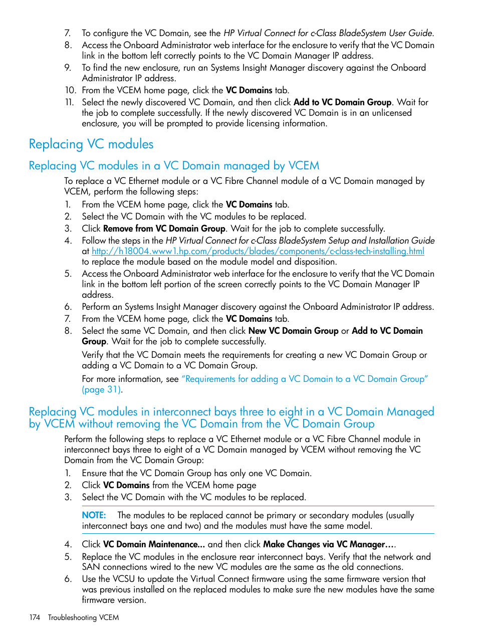 Replacing vc modules | HP Insight Management-Software User Manual | Page 174 / 194