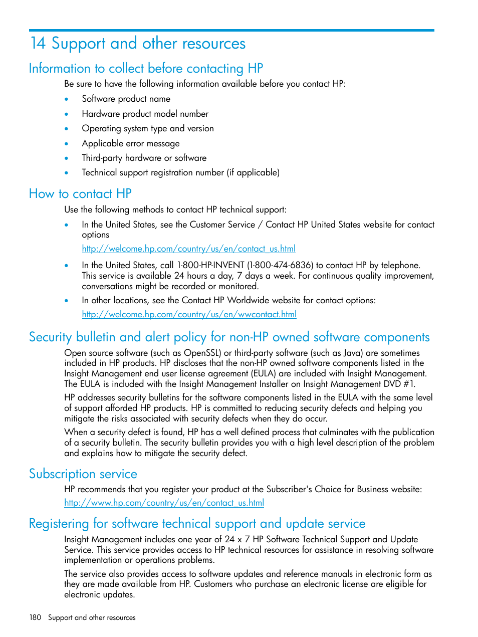 14 support and other resources, Information to collect before contacting hp, How to contact hp | Subscription service | HP Insight Management-Software User Manual | Page 180 / 194