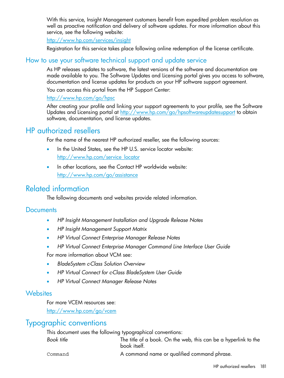 Hp authorized resellers, Related information, Documents | Websites, Typographic conventions, Hp authorized resellers related information, Documents websites | HP Insight Management-Software User Manual | Page 181 / 194