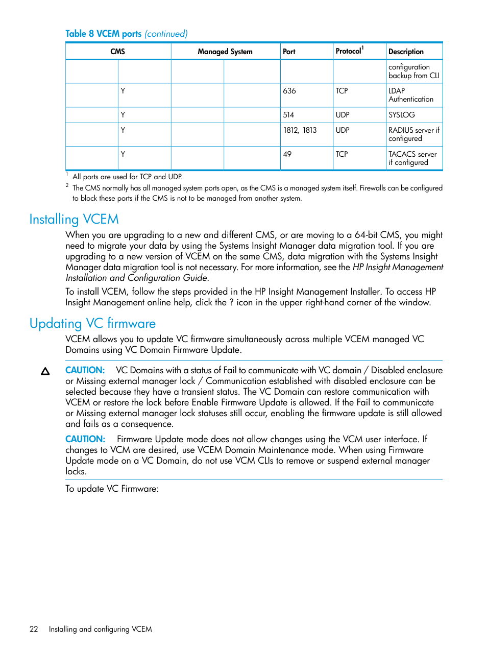 Installing vcem, Updating vc firmware, Installing vcem updating vc firmware | HP Insight Management-Software User Manual | Page 22 / 194