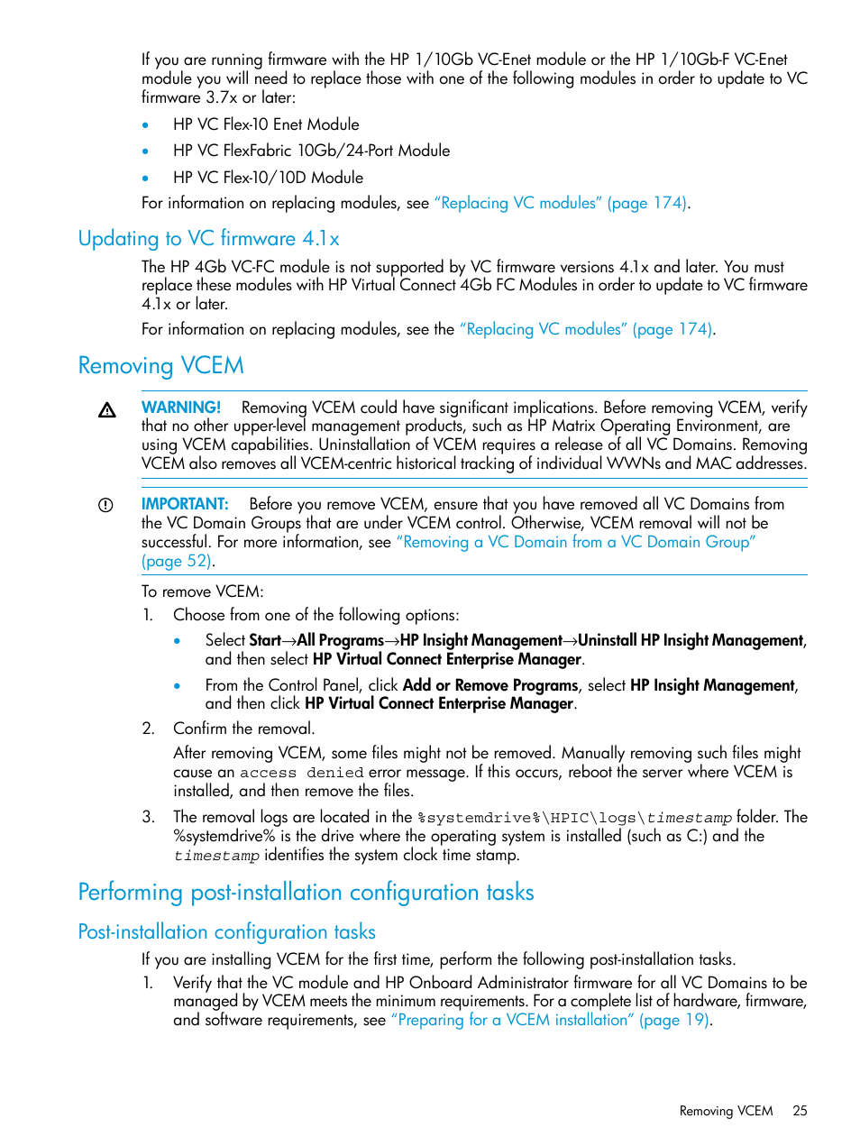 Updating to vc firmware 4.1x, Removing vcem, Performing post-installation configuration tasks | Post-installation configuration tasks | HP Insight Management-Software User Manual | Page 25 / 194